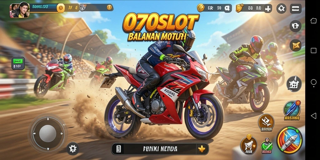 Tampilan gameplay seru di 070SLOT dengan motor balap yang cepat.