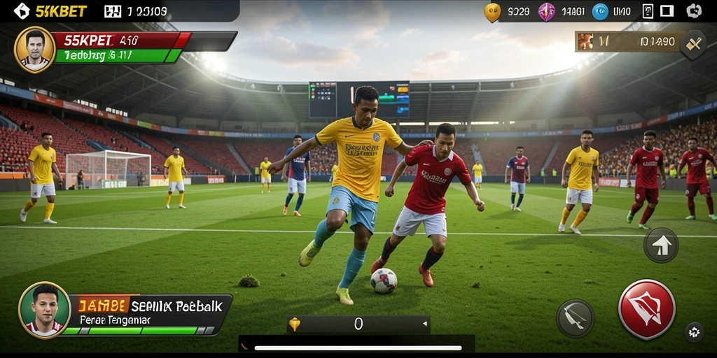 Screenshot gameplay <strong>55KBET</strong> dengan aksi seru di lapangan sepak bola.