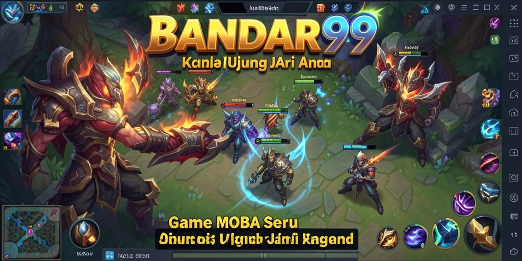 Tampilan gameplay intens dengan berbagai karakter MOBA.