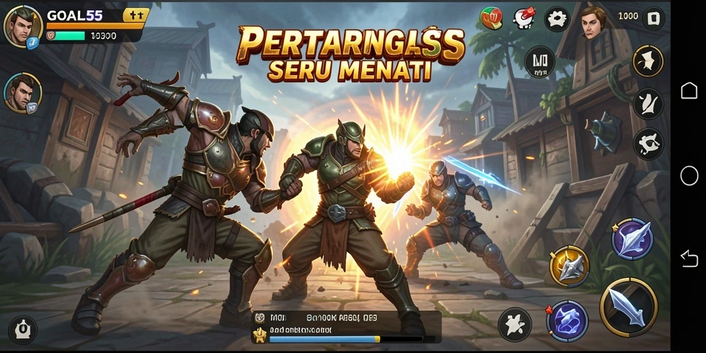 Screenshot gameplay GOAL55 menampilkan pertarungan yang intens dengan efek visual yang menakjubkan.