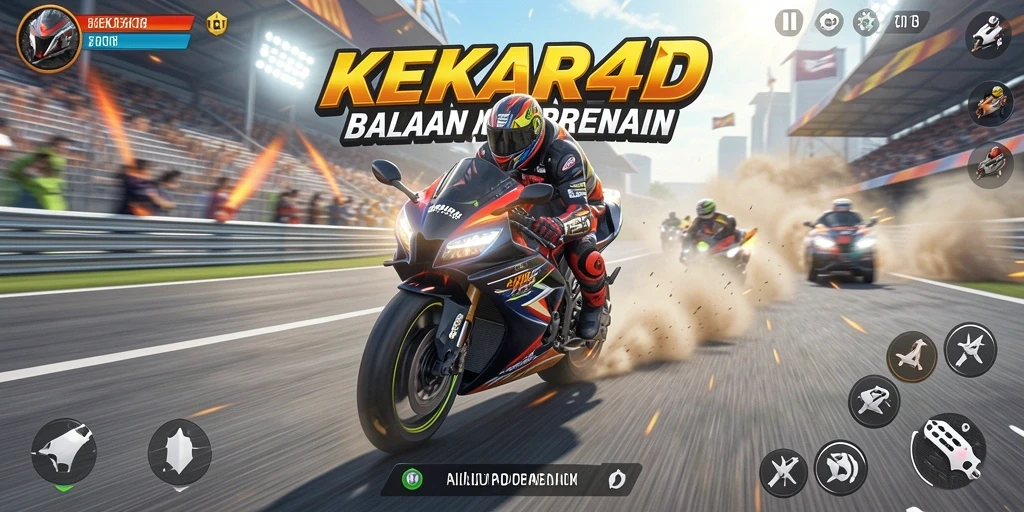 Screenshot utama gameplay KEKAR4D menampilkan balapan motor yang seru dan mendebarkan.