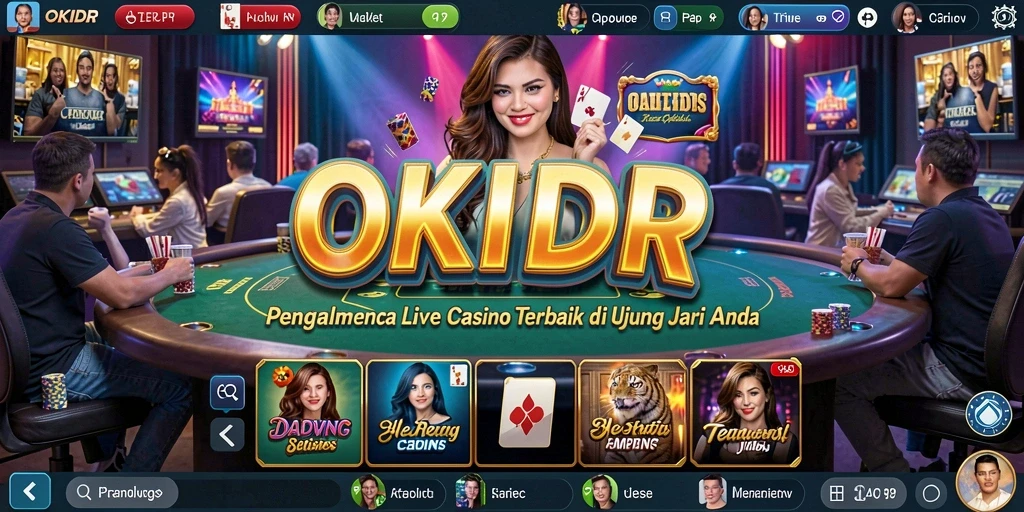 Screenshot utama OKIDR menampilkan dealer cantik dan permainan kasino langsung.
