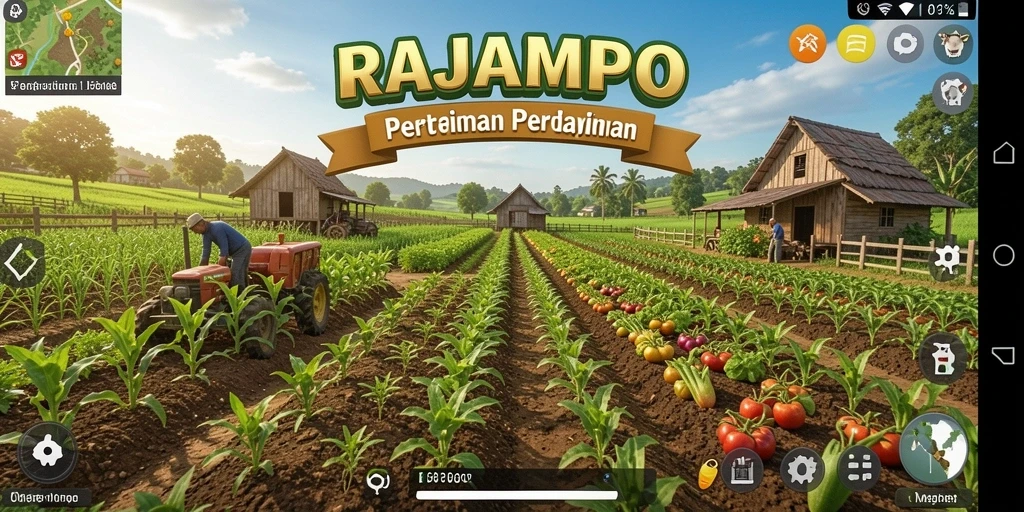 Screenshot utama RAJAMPO menampilkan gameplay pertanian yang seru dan interaktif.