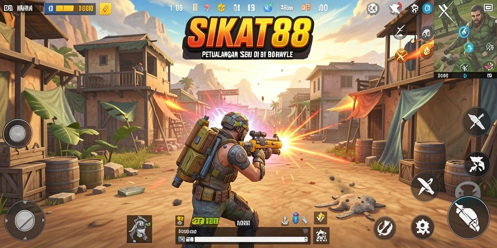 Tangkapan layar SIKAT88 menampilkan aksi pertempuran intens dalam arena Battle Royale.