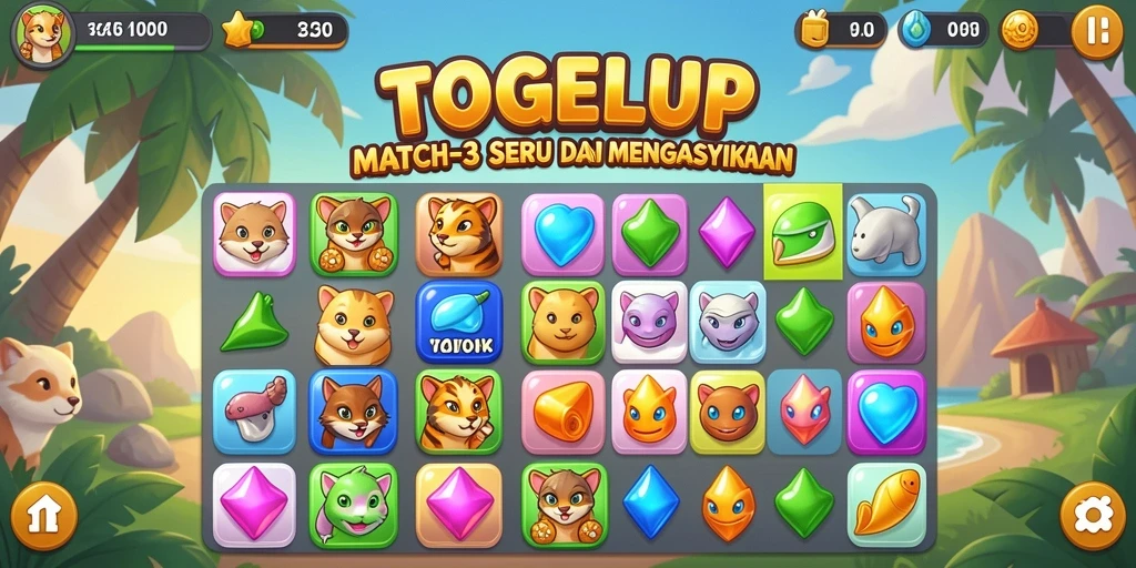 Gameplay seru TOGELUP dengan elemen Match-3 yang mengasyikkan.